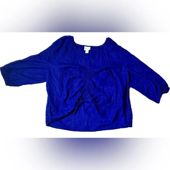 Ava & Viv Royal Blue Ruched Drawstring Front Linen Blend Top Size 14W - Picture 3 of 6